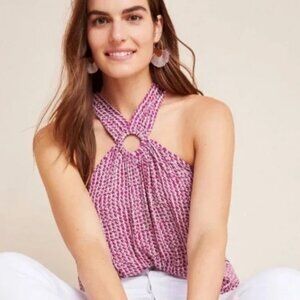 Anthropologie Maeve Ring Halter Top Pink Printed Blouse Size 4 Boho